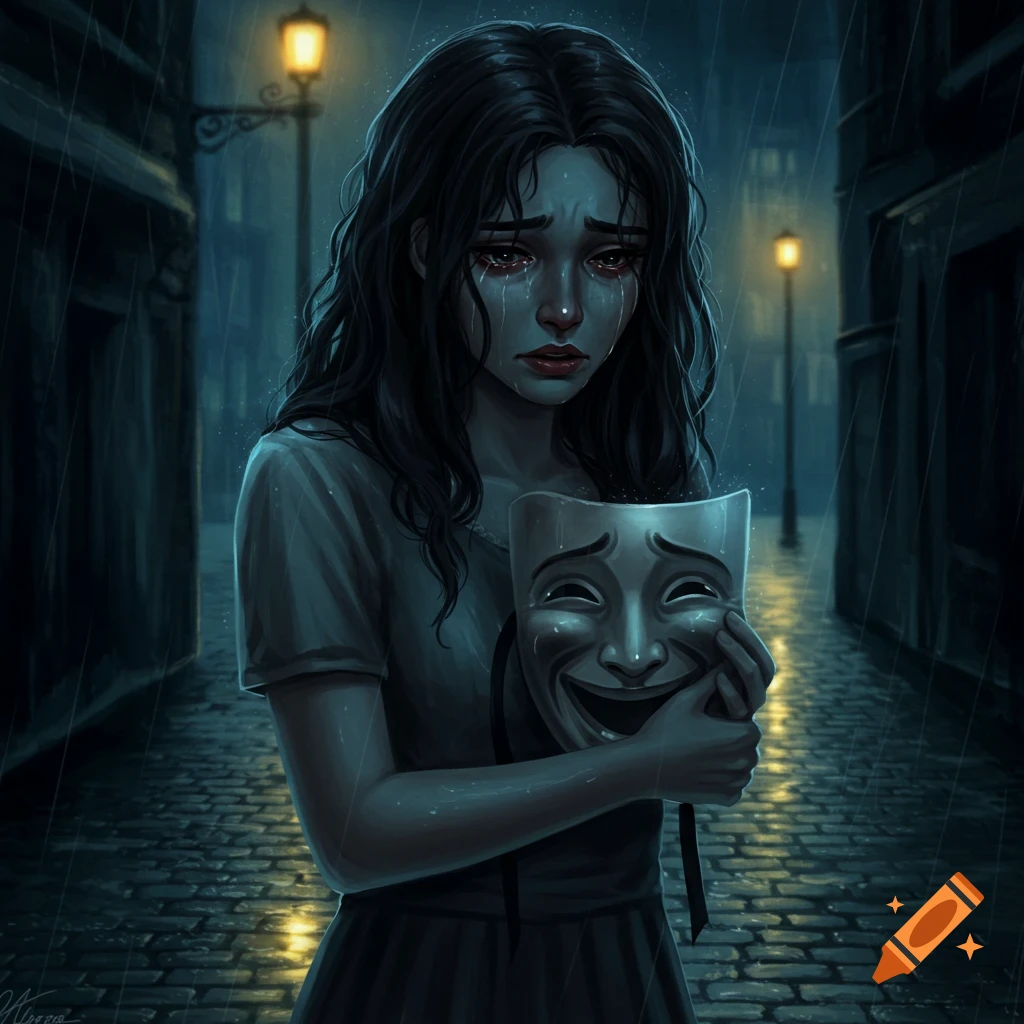 A dark fantasy art illustration of a crying woman in the rain holding a smiling drama mask, on a cobblestone street at night.