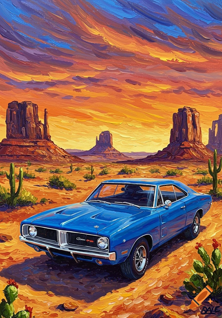 Blue Dodge Charger in a vibrant Fauvism acrylic painting style, parked on a desert road with mesas and cacti under an orange and blue sky.