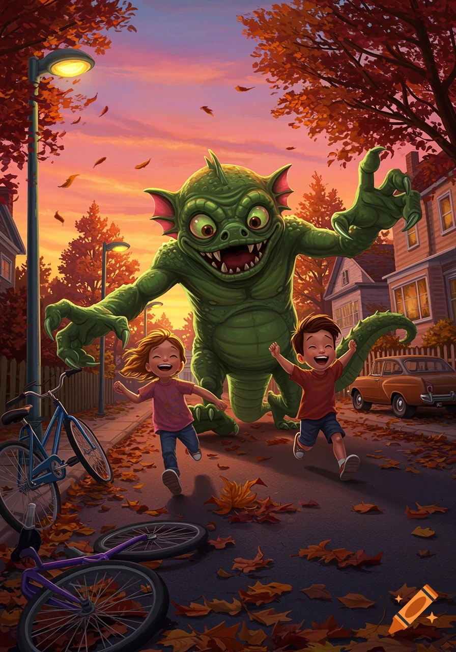 A vibrant cartoon illustration of a large green monster playfully chasing two laughing children down an autumn street at sunset.