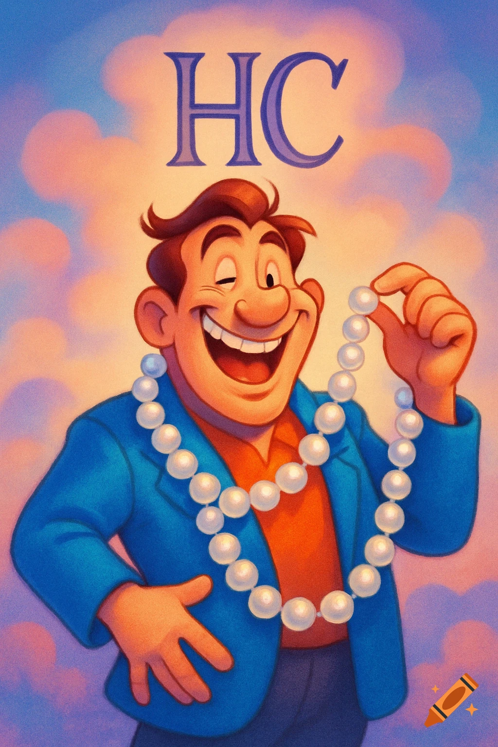 Cartoon man winks and smiles while holding a string of pearls, with the letters HC above him.