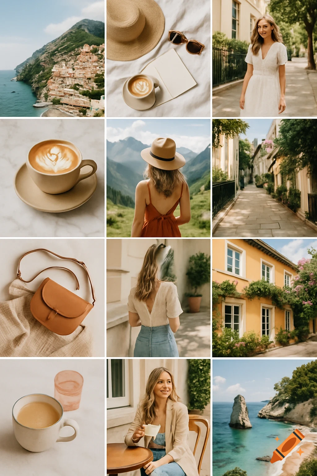 A 3x3 collage of various travel and lifestyle scenes: coastal towns, mountain views, city streets, coffee, fashion, and women.