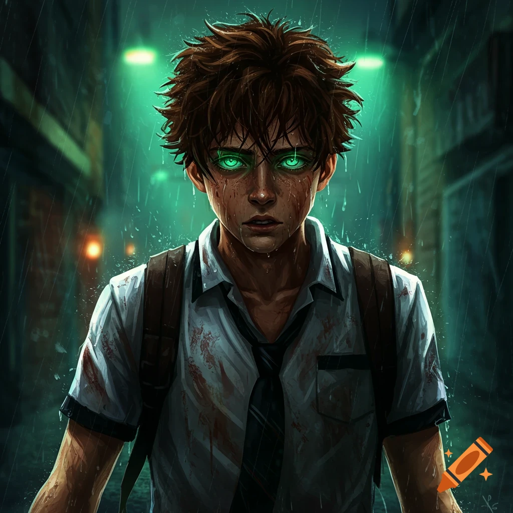 Distressed male teenager with glowing green eyes and messy brown hair, drenched in rain, wearing a dirty school uniform in a dark alley.