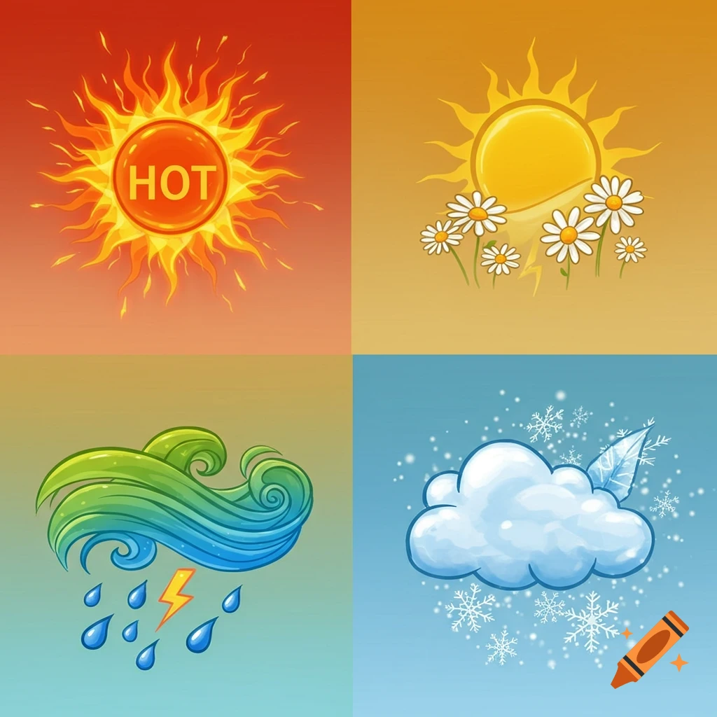 Four cartoon weather symbols: a hot sun, a sunny sun with daisies, a stormy cloud with rain and lightning, and a snowy cloud with snowflakes.