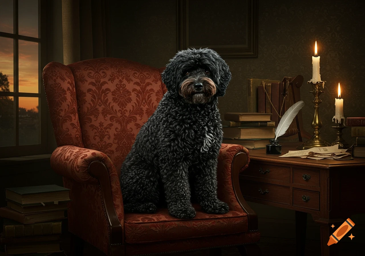 A black Portuguese water dog sits regally on a red vintage armchair in a dark study with books and lit candles.