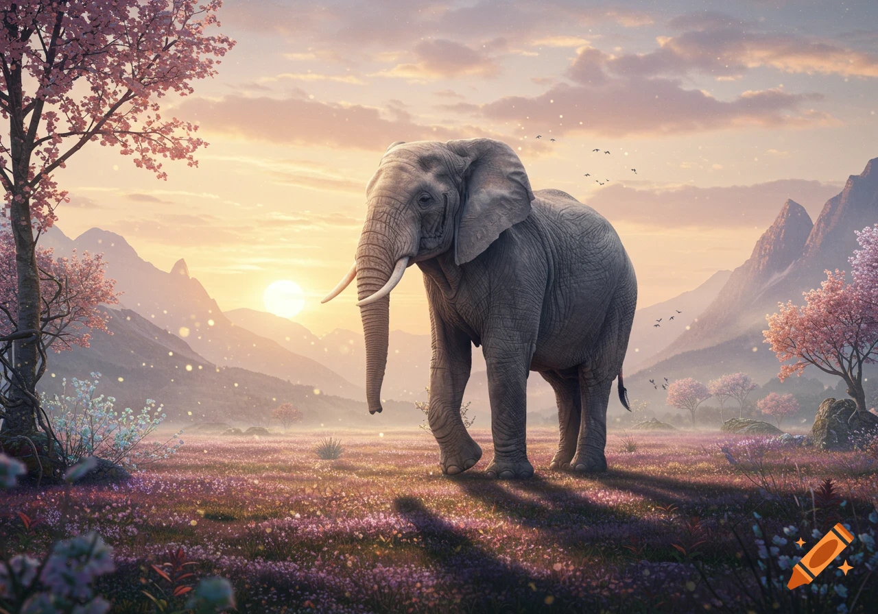 A majestic elephant walks through a vibrant field of purple flowers and pink cherry blossom trees at sunset, with mountains in the background.