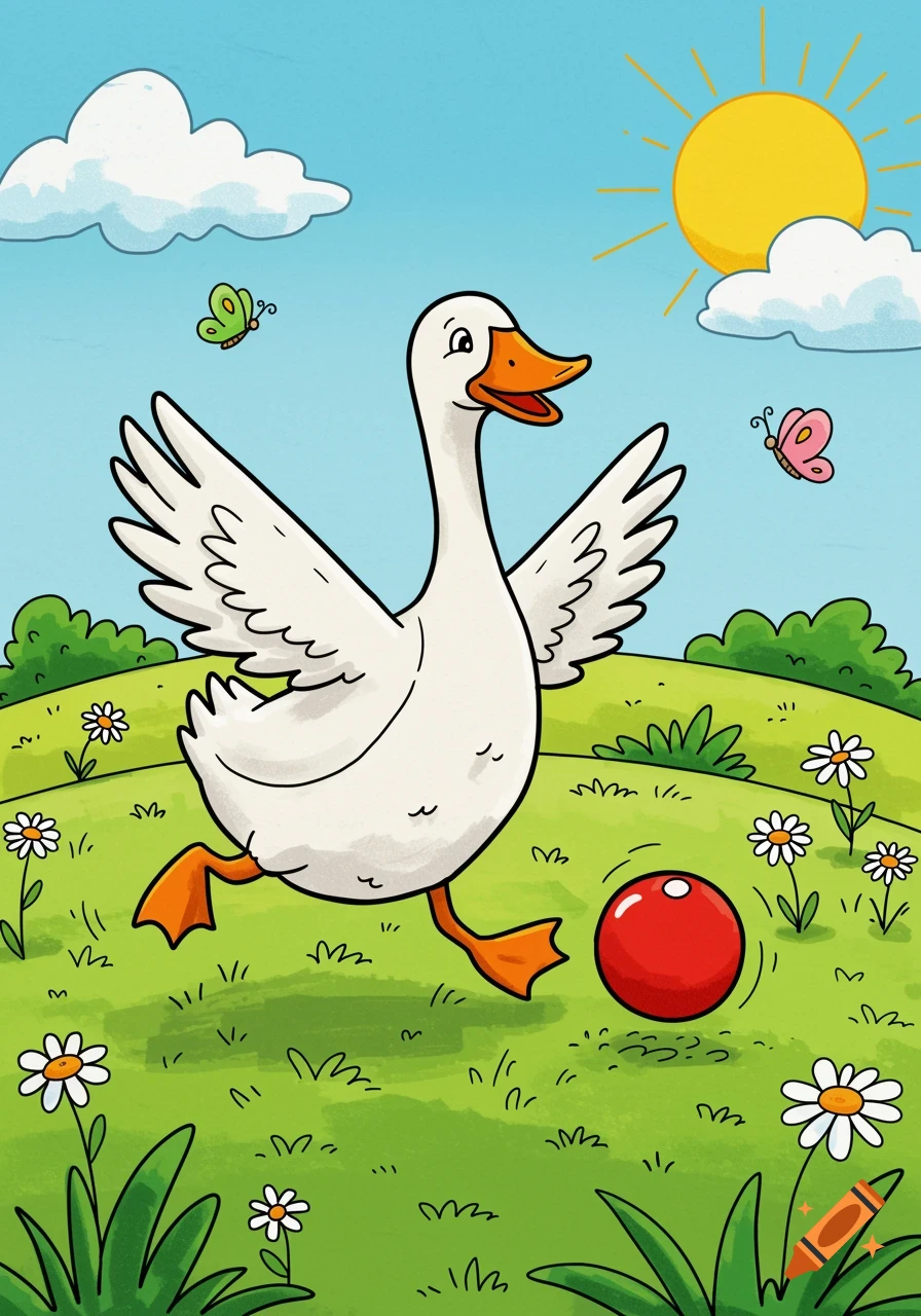 Smiling cartoon goose with outstretched wings chasing a red ball in a sunny, grassy field with daisies and butterflies. Children's illustration.