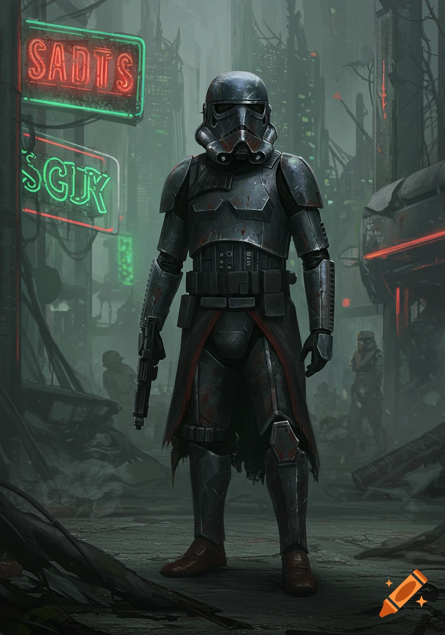 A weathered Death Trooper stands in a ruined, futuristic city street with neon signs.