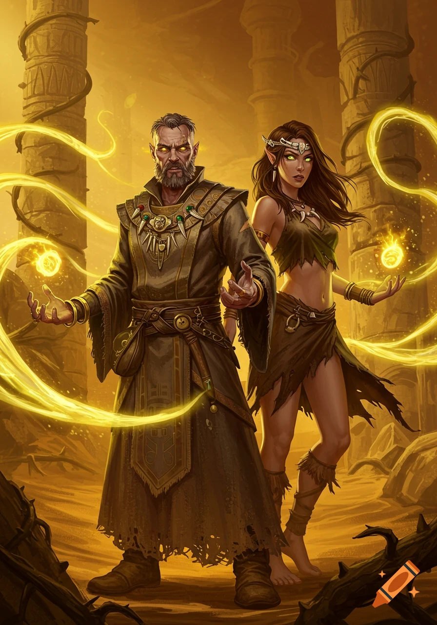 A male wizard and female sorceress cast golden magic in a desert temple, fantasy art style.