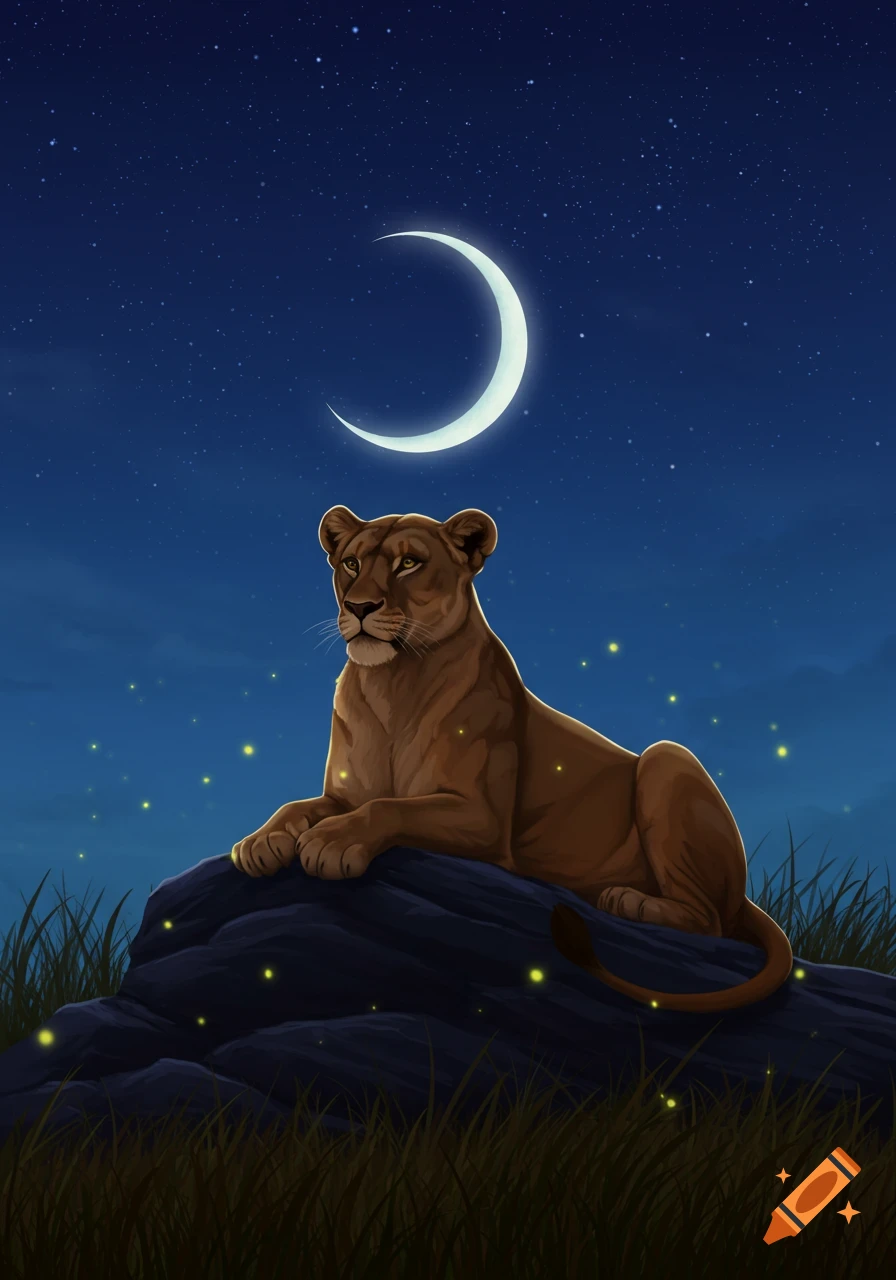 An illustrated lioness lies on a rock under a crescent moon and starry night, surrounded by glowing lights and grass.