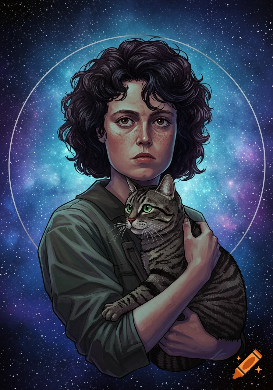 Stylized portrait of a woman resembling Ellen Ripley holding a tabby cat against a starry blue and purple background.