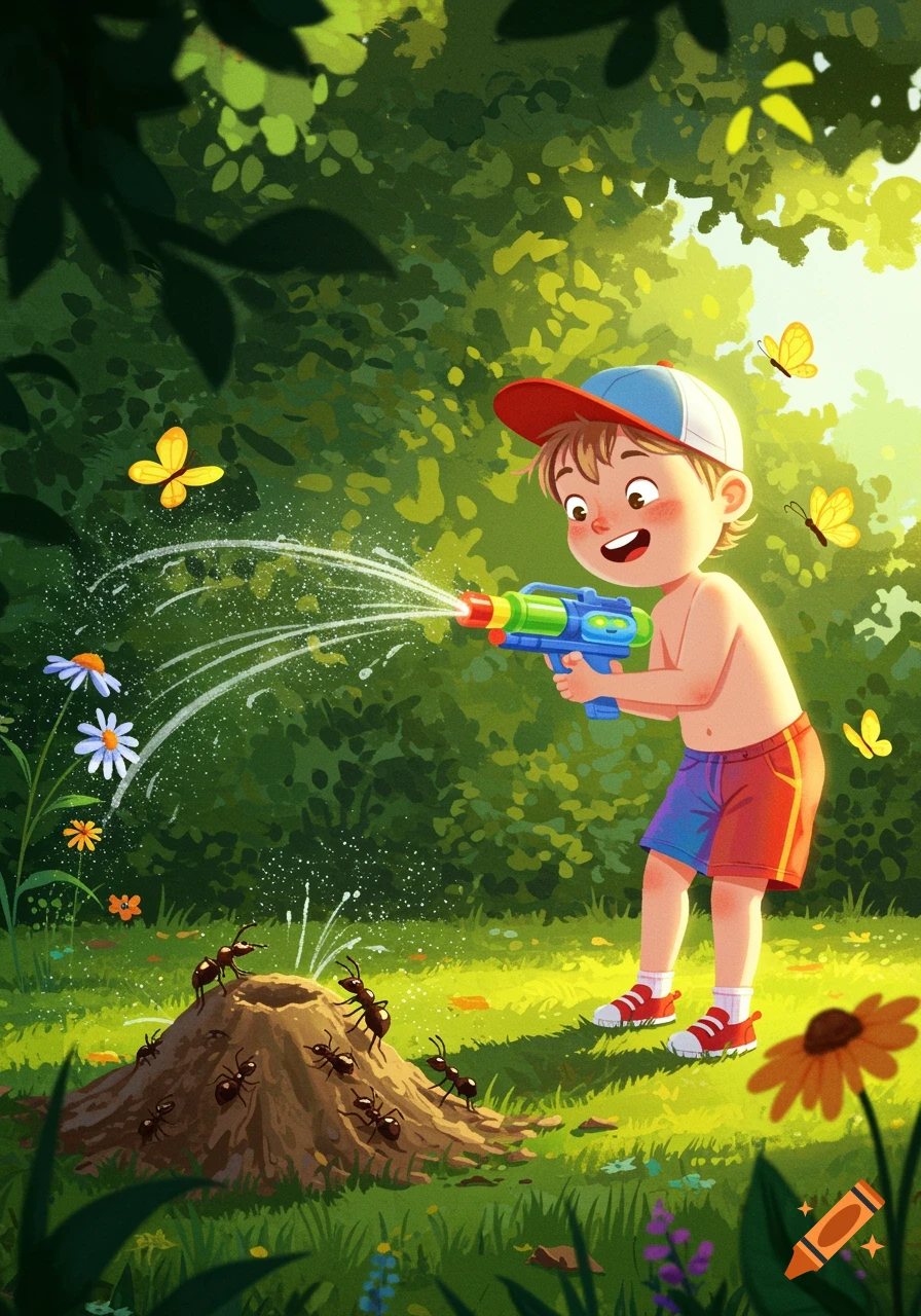 A cartoon child in a red and blue cap sprays an anthill with a water gun in a sunny, lush green garden with butterflies and flowers.