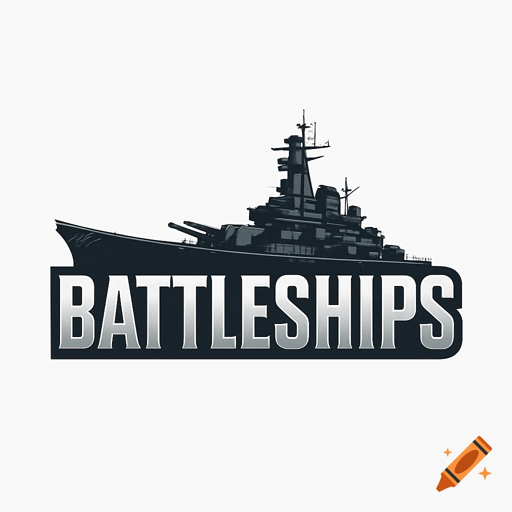 A stylized logo featuring a dark silhouette of a battleship over the silver word 'BATTLESHIPS' on a white background.