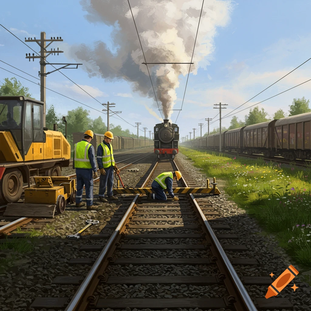 Railroad workers performing maintenance on tracks with a steam train approaching and a yellow maintenance vehicle nearby under a blue sky.