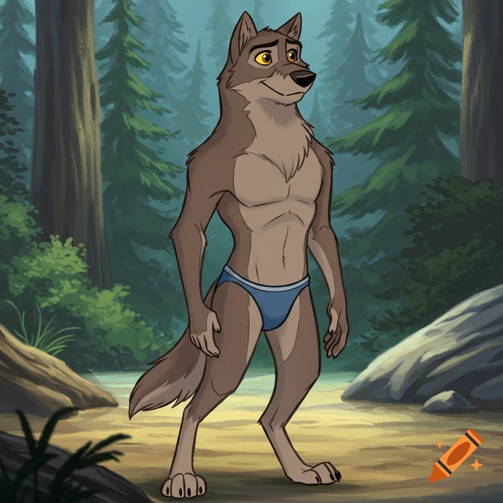 An anthropomorphic brown wolf-dog wearing a blue speedo stands in a forest in a cartoon style.