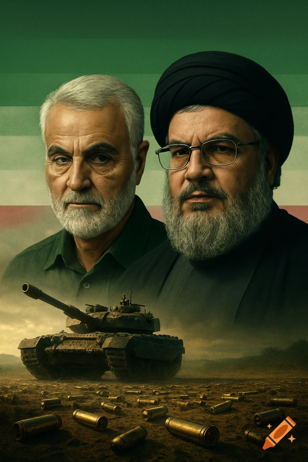 Photorealistic poster of two bearded men, a tank, and bullet shells on a battlefield, against a background with green, white, and red stripes.