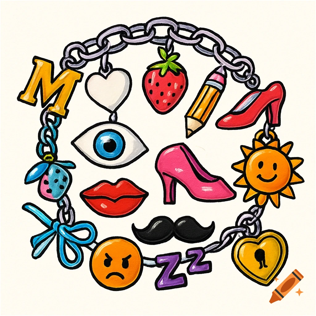 A colorful cartoon charm bracelet featuring diverse charms like letters, symbols, everyday objects, and emojis.