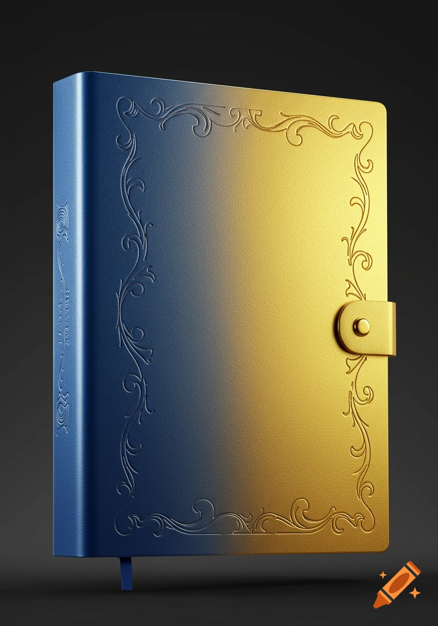 A close-up shot of a diary with a textured cover that transitions from deep blue on the left to gold on the right, featuring embossed floral scrollwork borders and a gold clasp.