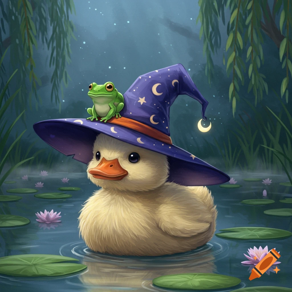 A fluffy yellow duckling wearing a purple witch hat with a green frog on top, floating in a magical pond with lily pads and glowing pink water lilies.