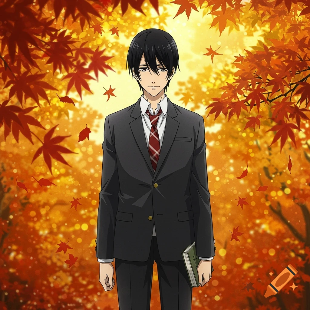 Anime illustration of a young man in a school uniform holding a book, surrounded by red and orange autumn leaves.