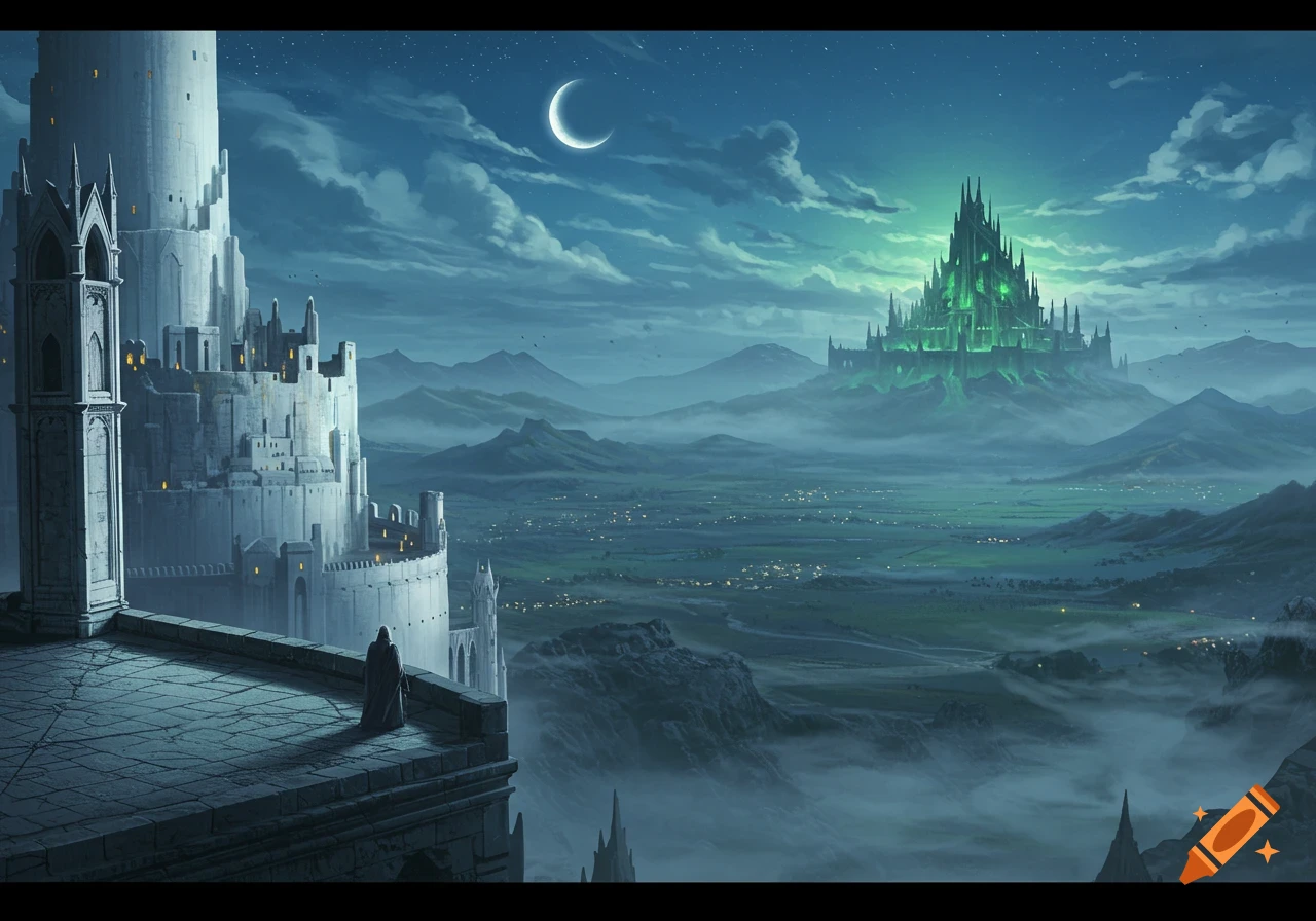 A white fantasy castle overlooks a misty valley with a distant green-glowing castle under a crescent moon. A cloaked figure stands on the white castle's balcony.