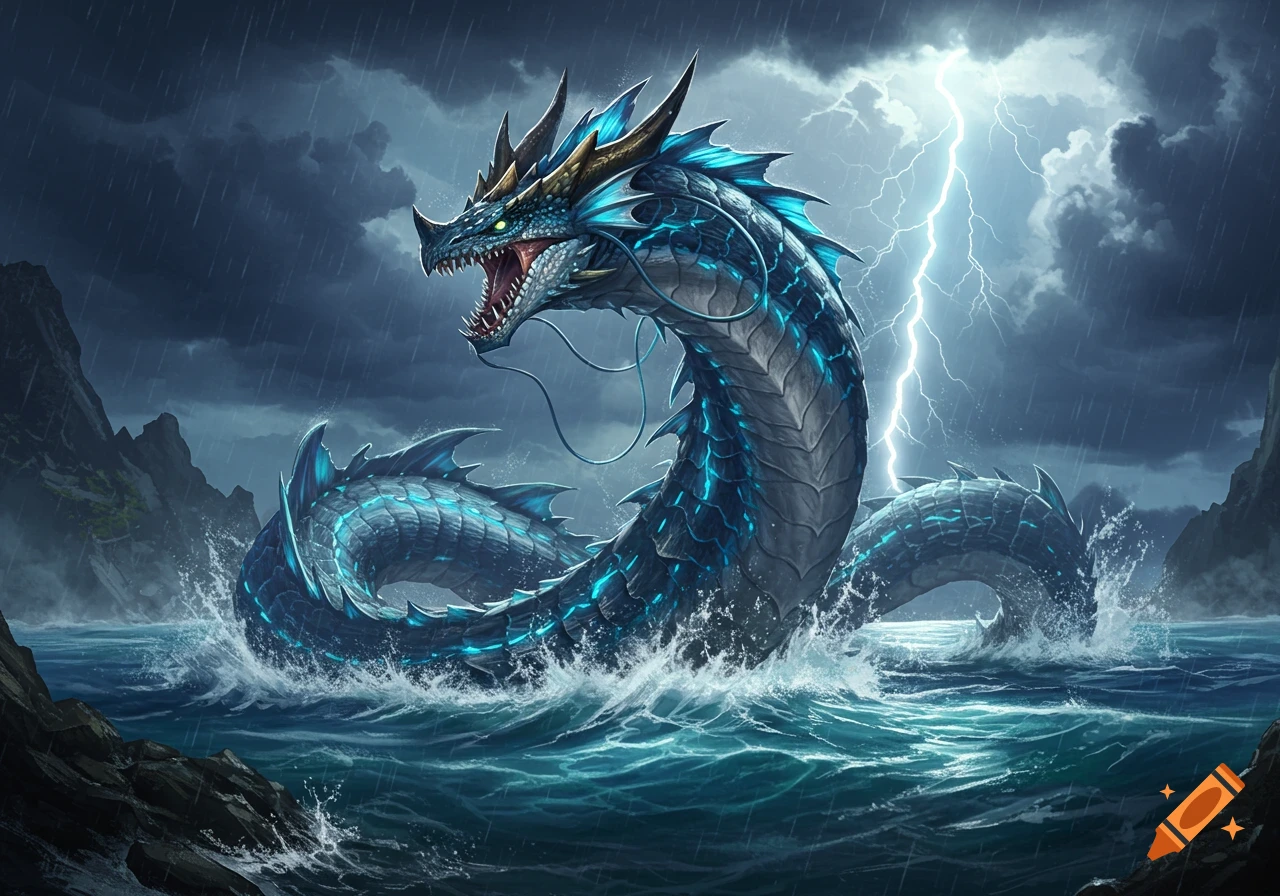 A massive blue sea dragon-like monster with glowing accents emerges from stormy ocean waves under lightning.