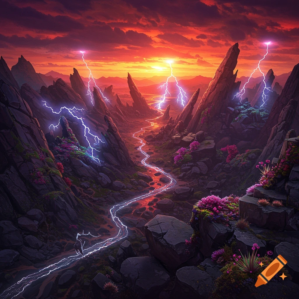 Dramatic fantasy landscape with jagged mountains, a glowing river, and multiple lightning strikes under a fiery sunset.