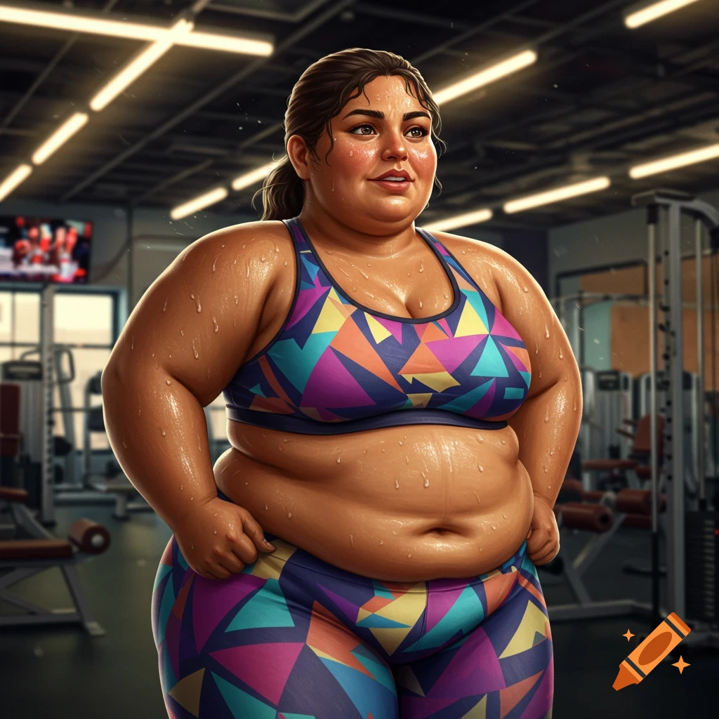 A sweaty plus-size Hispanic woman in colorful geometric athletic wear stands confidently in a gym.