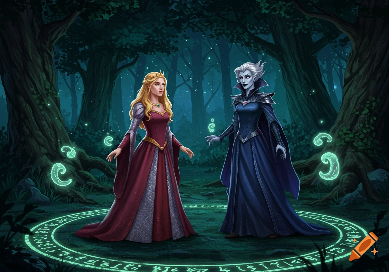 Two fantasy women, one in a red dress and a blonde crown, the other in a dark blue dress with white hair, stand in a magical forest with glowing green symbols on the ground.