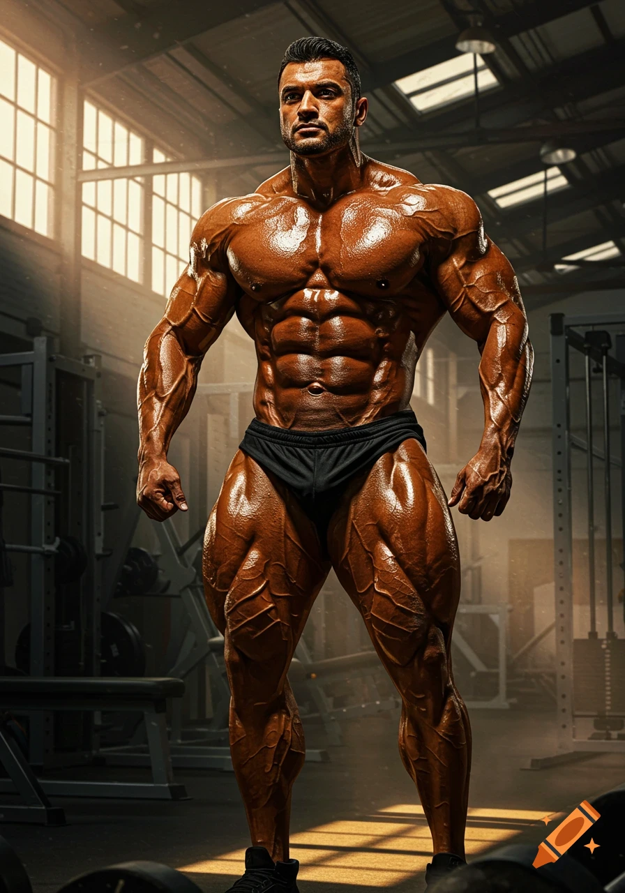 A heavily muscled male bodybuilder in black posing trunks stands in a gym, posing with dramatic lighting.
