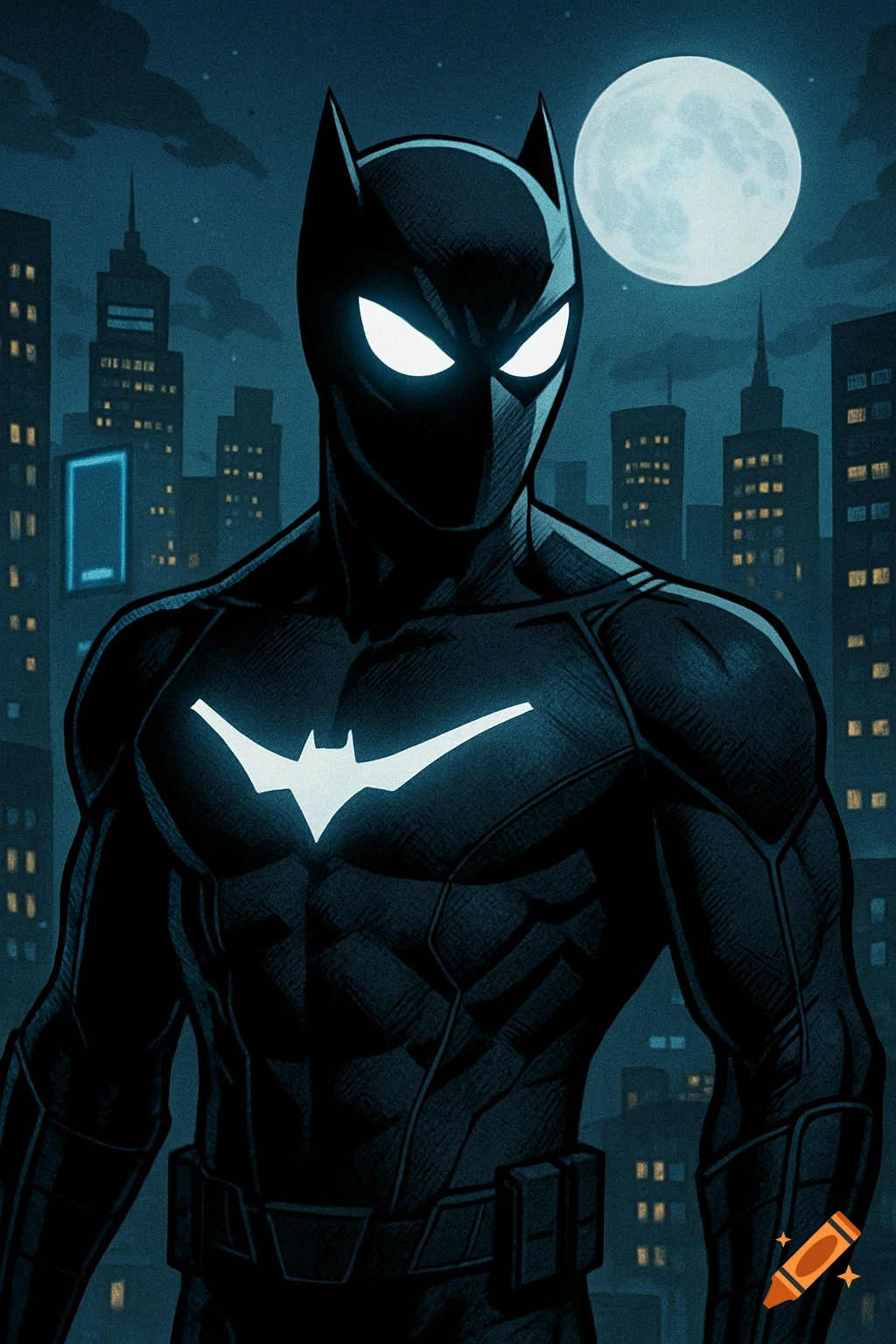 Comic art of a dark superhero in a matte black suit with glowing white eyes and a chest symbol, standing against a night city skyline.