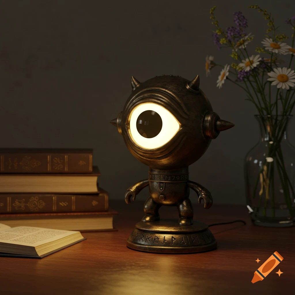 A dark metallic, cyclops-like desk lamp with a glowing eye sits on a wooden desk next to stacked books and a vase of flowers.