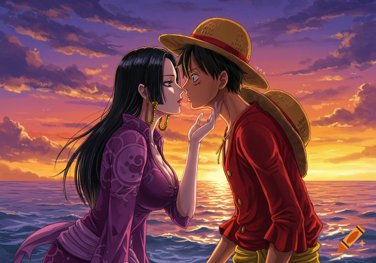 Anime characters Luffy and Boa Hancock gazing at each other, about to kiss on the ocean at a vibrant sunset.
