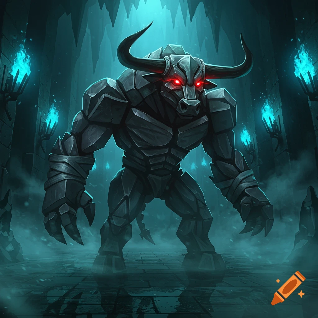 A menacing, muscular bull-like monster made of dark segmented stone with glowing red eyes, standing in a misty, dark cave with blue torches.