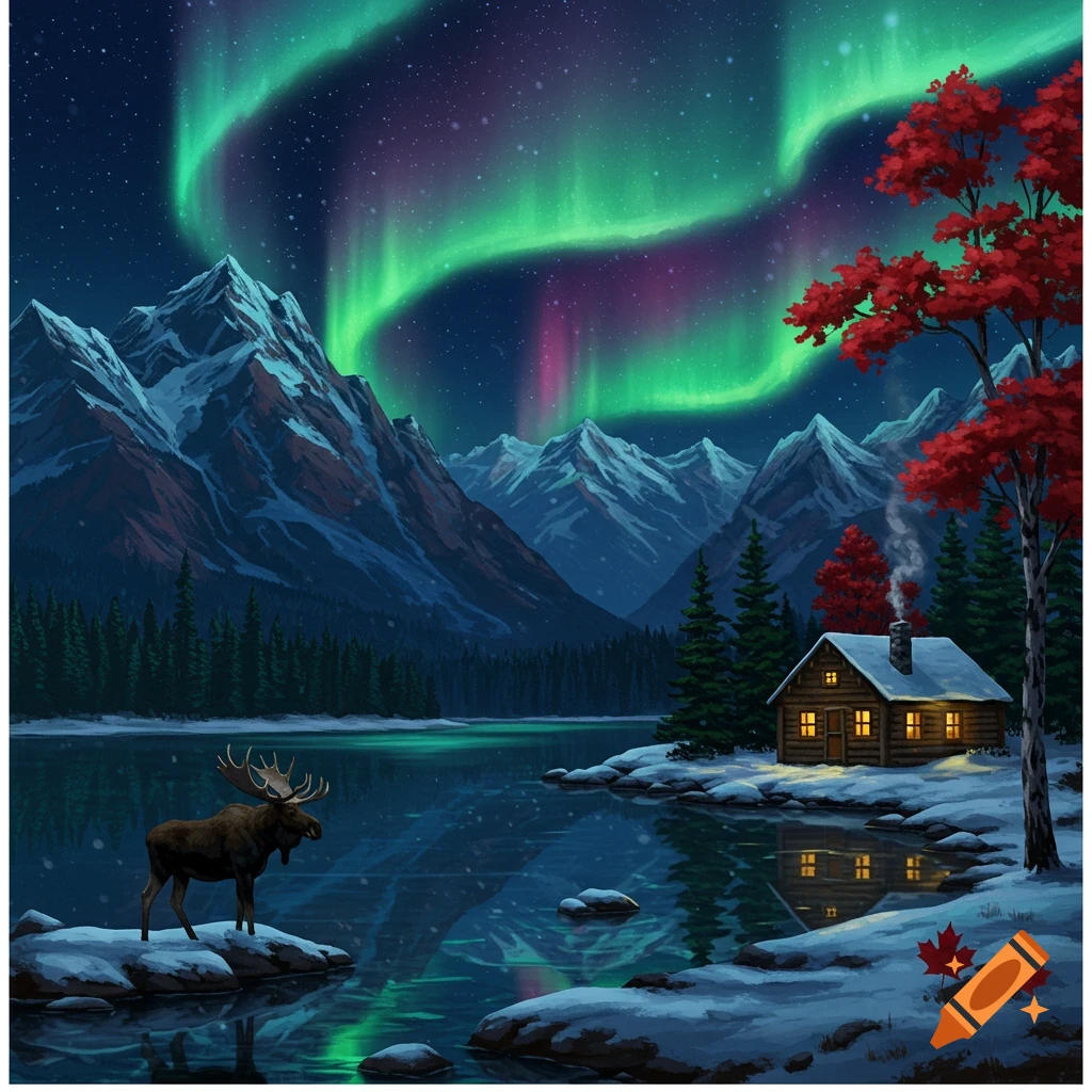 Illustrated night scene with vibrant green aurora over snowy mountains, a lake, a moose, and a cozy log cabin.