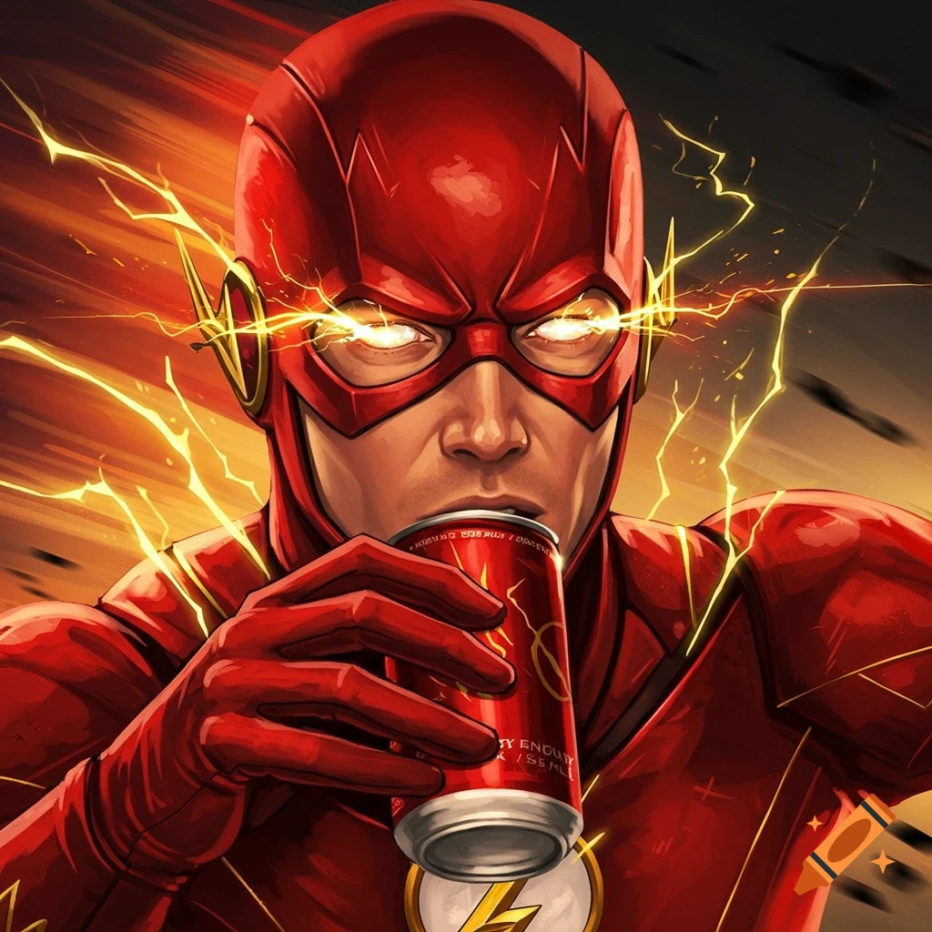 A close-up drawing of The Flash in his red suit, drinking from a red energy drink can, with bright lightning sparking from his glowing eyes.