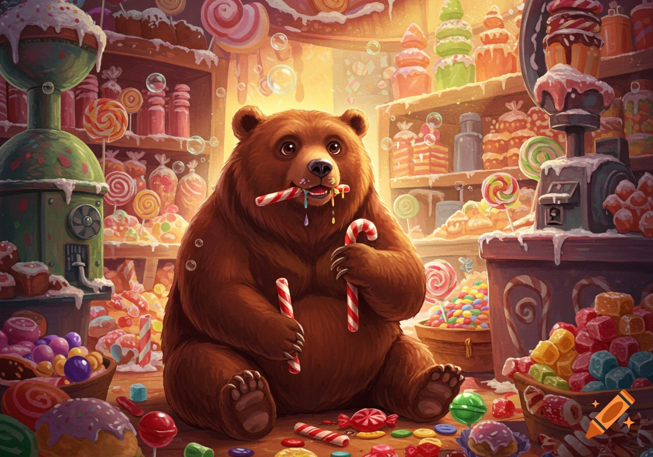 A cute brown bear sits on the floor of a colorful candy factory, eating and holding candy canes among piles of sweets. Illustration style.