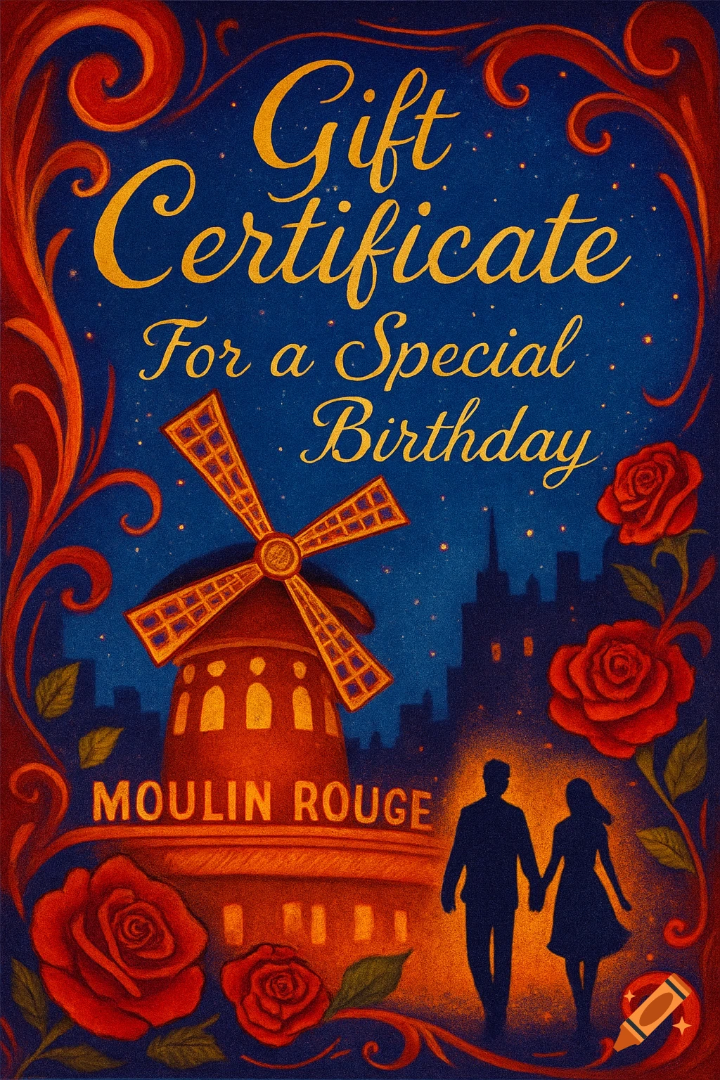 A vintage-style gift certificate for Moulin Rouge in Paris, featuring a windmill, roses, and a couple's silhouette against a starry blue sky.