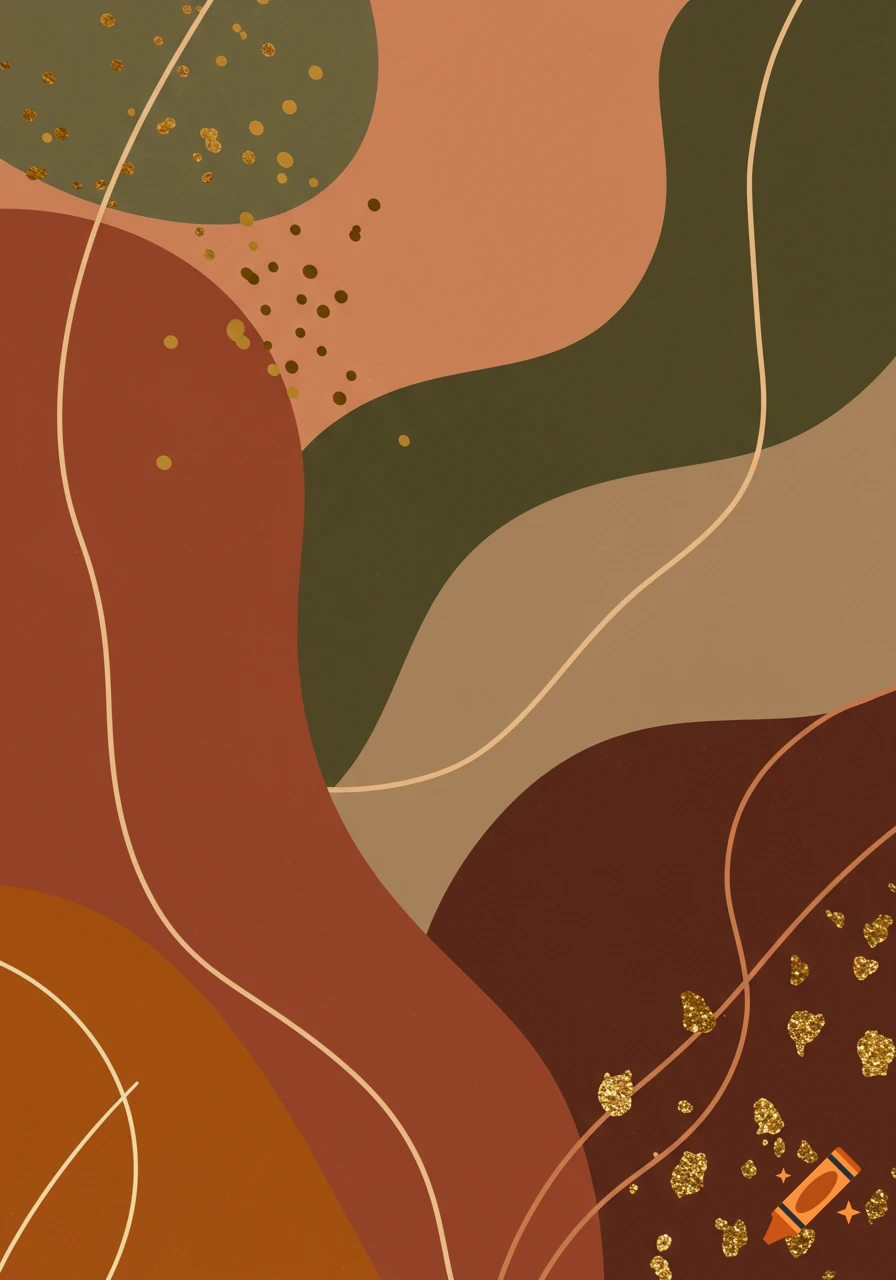 Abstract modern art with organic shapes in earthy tones like terracotta, olive green, and warm brown, accented with thin lines and gold glitter.
