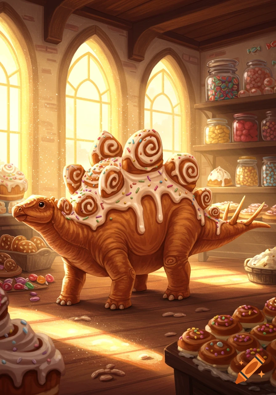 A cute cinnamon roll dinosaur with frosting and sprinkles stands in a warm bakery filled with jarred candies and pastries, illustrated.