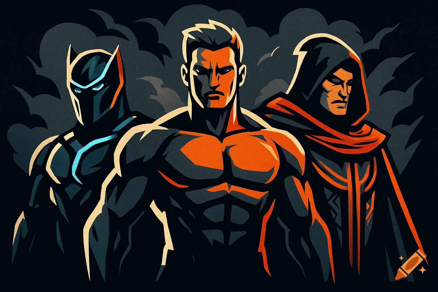 Three stylized male superhero-like figures with strong outlines and a limited color palette stand against a dark, smoky background.