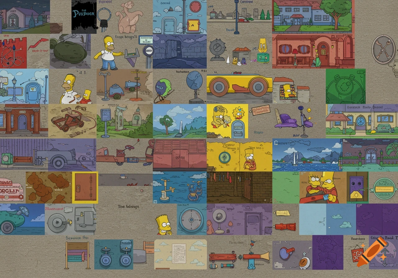 A grid of cartoon illustrations in The Simpsons style, depicting various characters, objects, and environments, resembling a video game texture atlas.