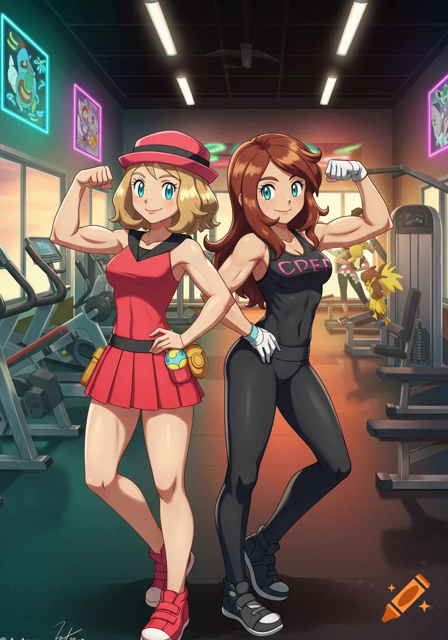 Anime style image of Serena and her mother flexing muscles in a gym with gym equipment and neon signs.