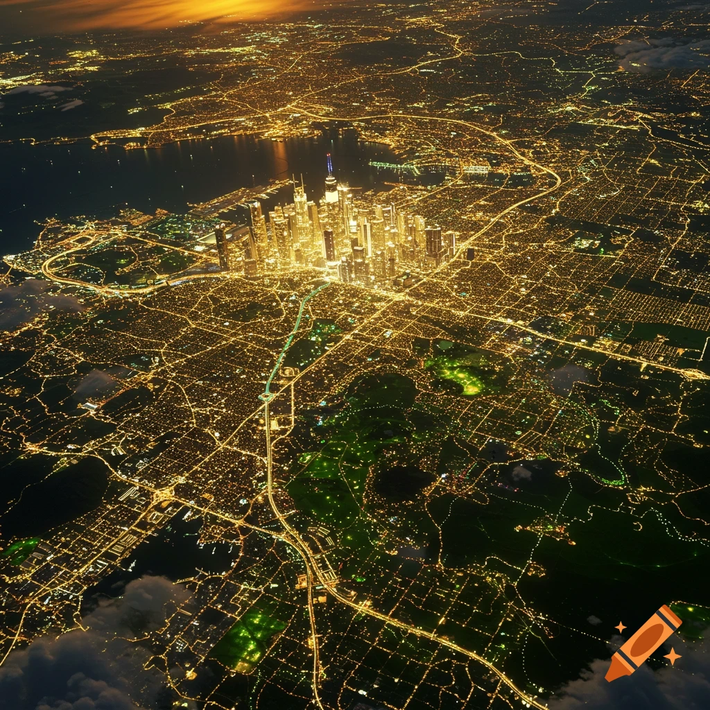Photorealistic aerial view of a sprawling city at night, with bright golden lights illuminating streets and tall buildings beside a dark bay.