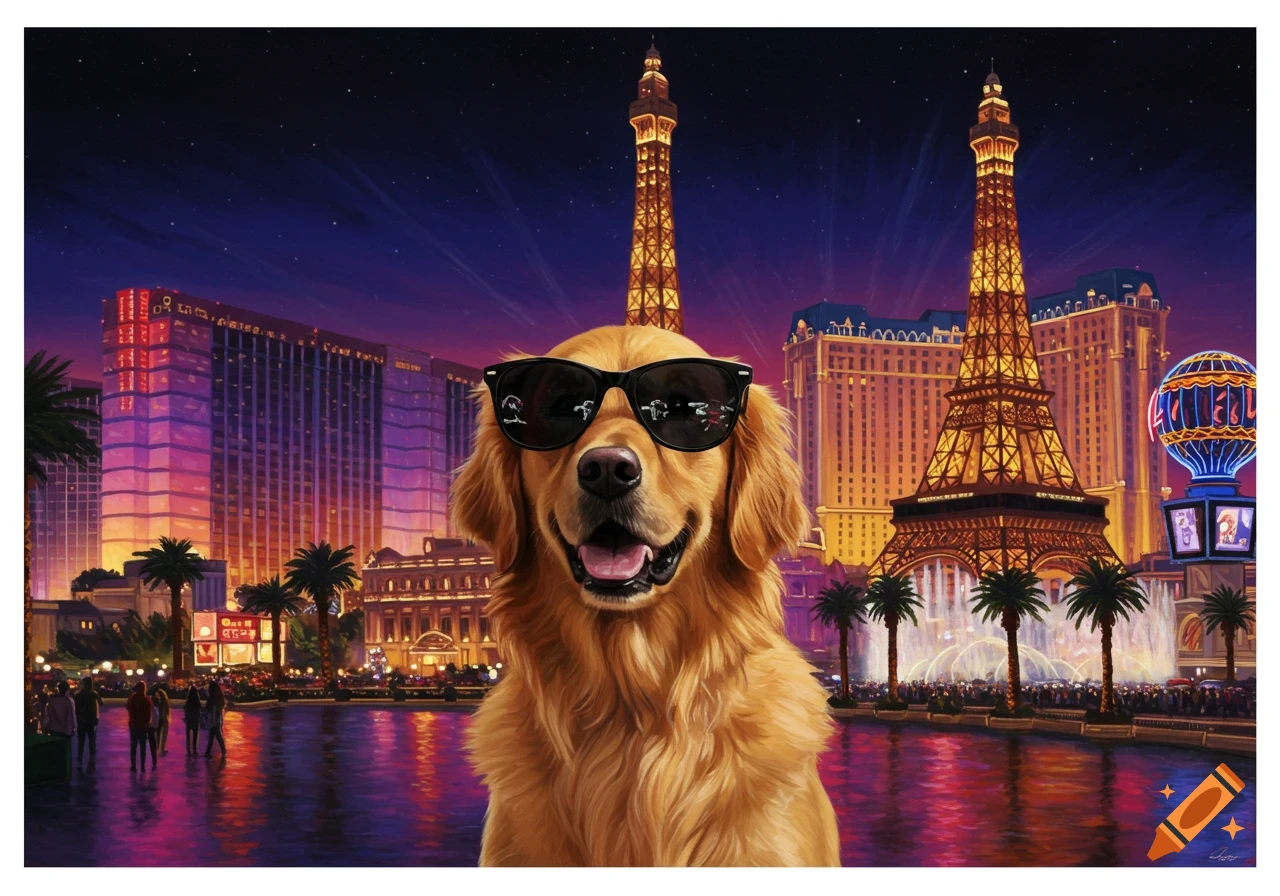 A golden retriever in sunglasses smiles in a vibrant, illuminated Las Vegas cityscape at night.