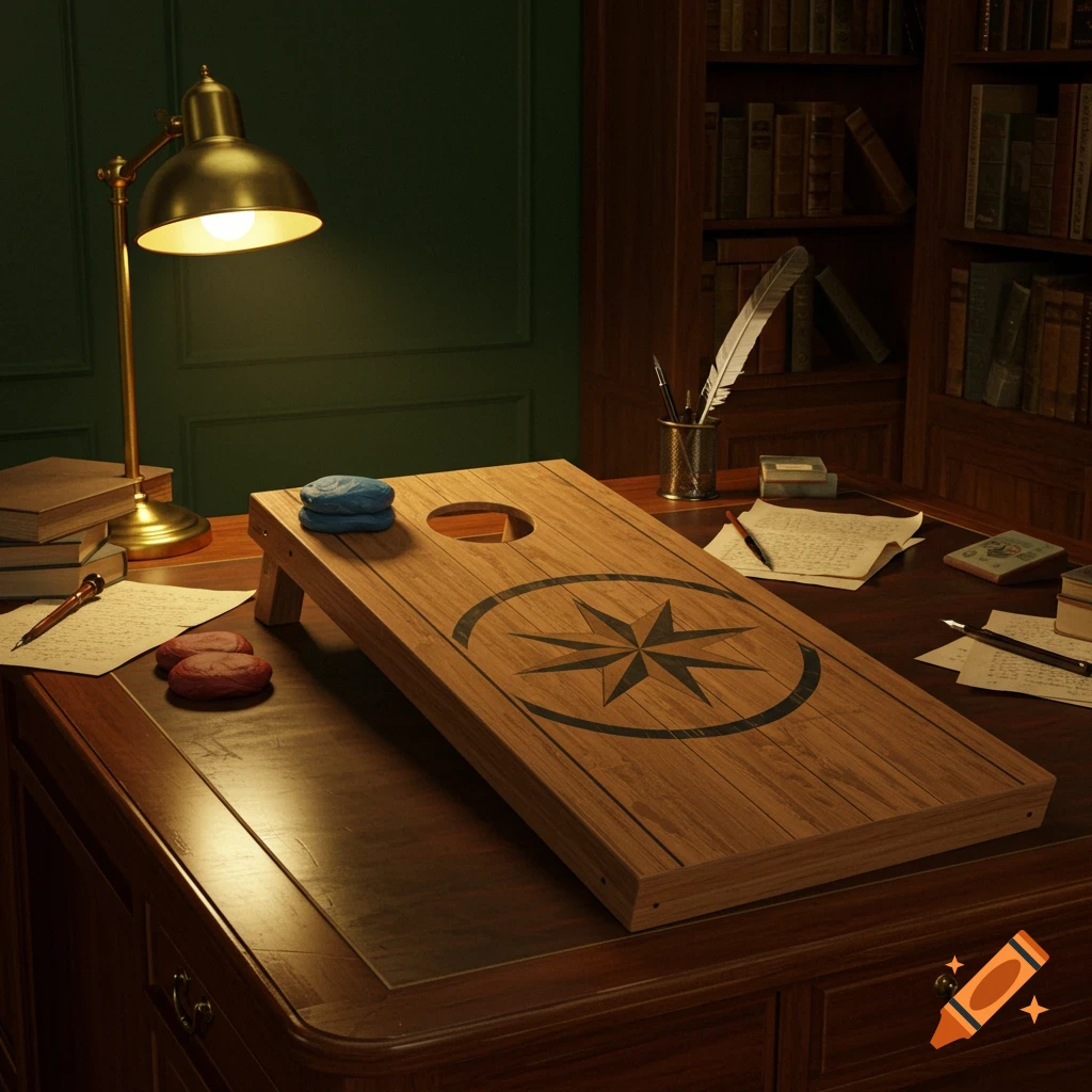 Photorealistic wooden cornhole board with a compass rose design on a dark desk in a study with a brass lamp and books.