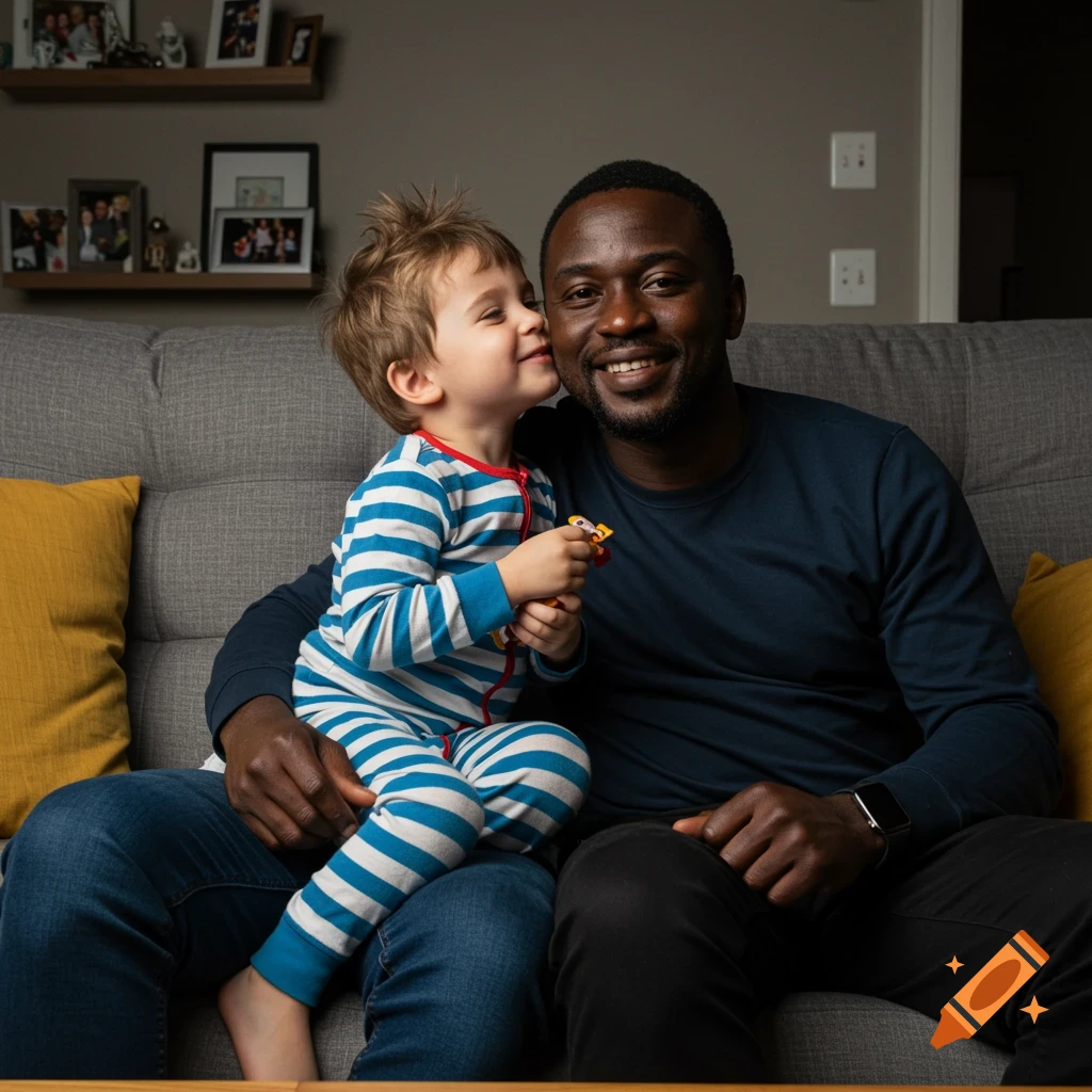 A photorealistic portrait of an African father and his light-skinned child on a couch, with the child kissing the father's cheek.