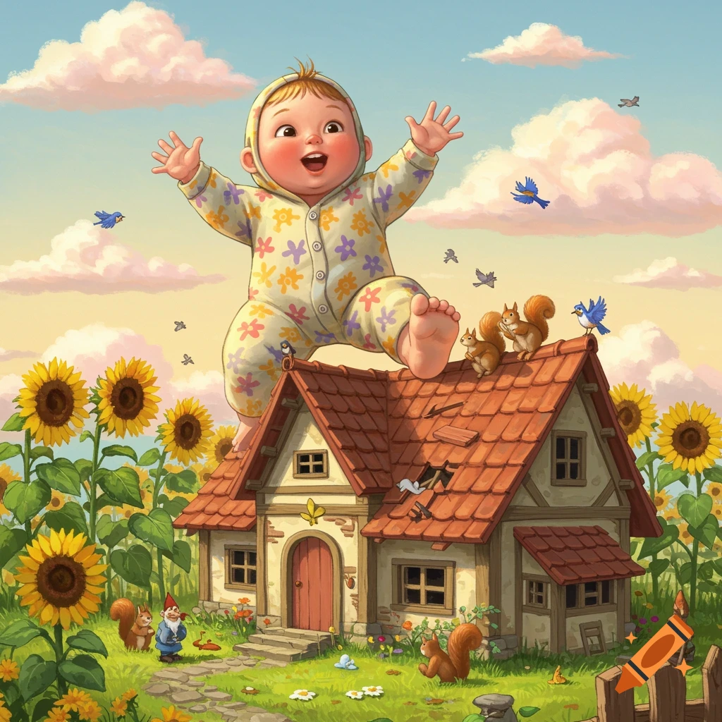 Whimsical illustration of a giant baby in floral pajamas stepping on a small cottage with sunflowers and woodland creatures.