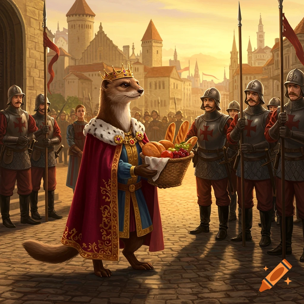 A weasel king in a crown and royal robe holds a basket of food, standing on a cobbled street flanked by medieval guards in a sunny town.