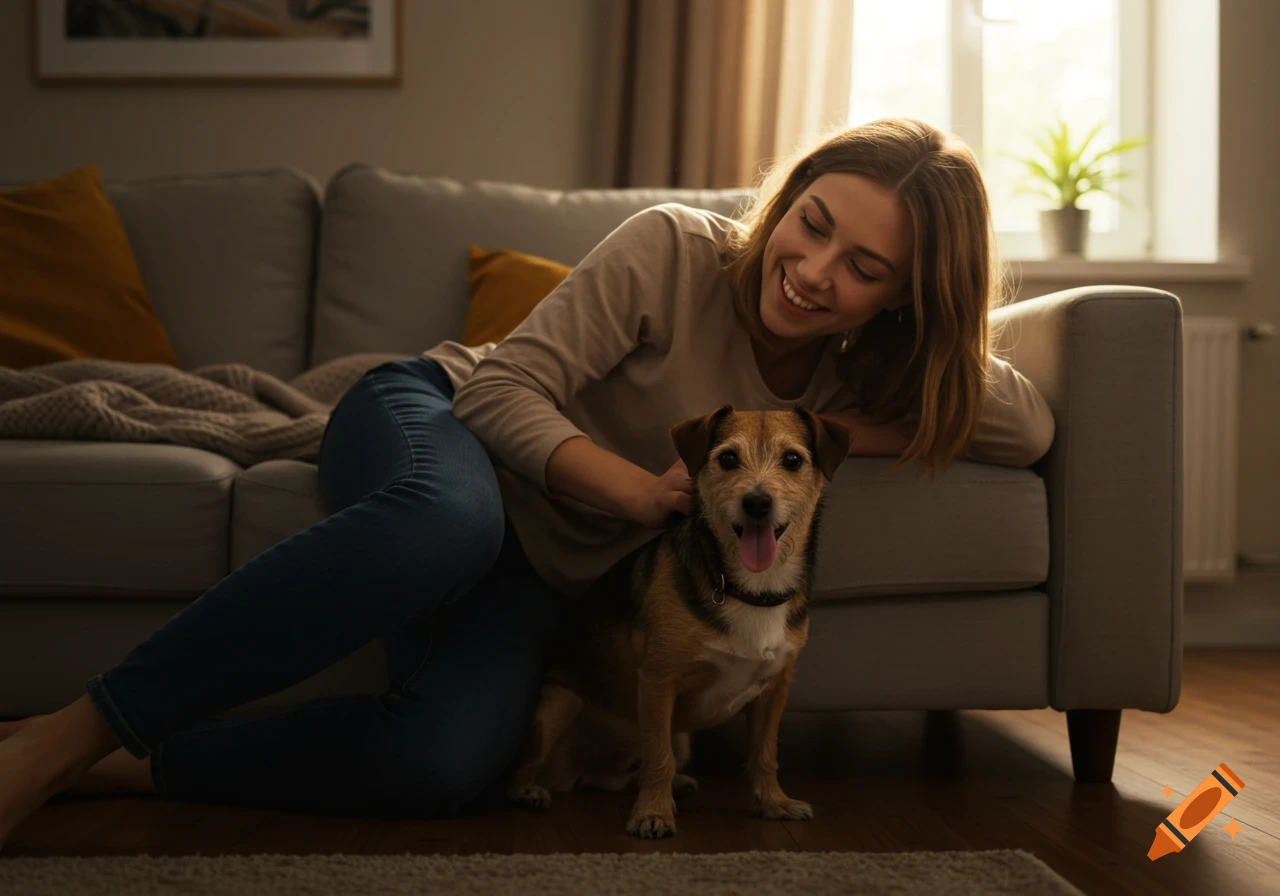 A smiling woman pets a small, friendly dog with its tongue out in a cozy living room, photorealistic.