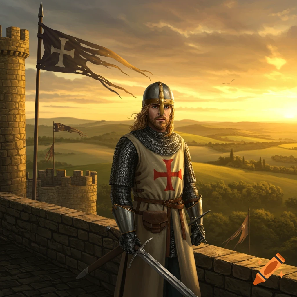 A blonde knight in chainmail armor with a red cross on his tunic stands on a castle wall at sunset, overlooking a green landscape.
